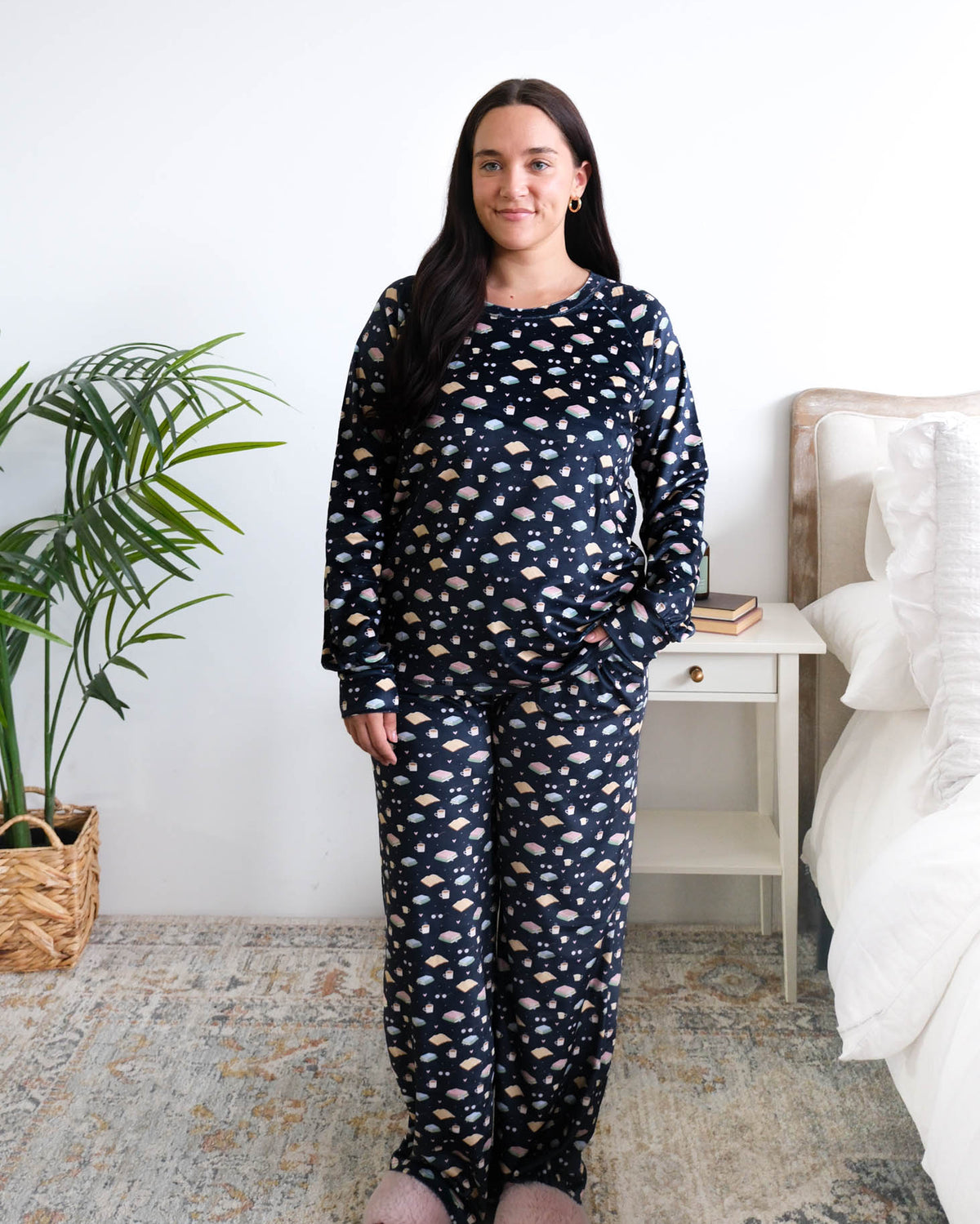 Miranda Nic Book Club Velvety Velour Straight Leg PJ Set front view on model — Cloud Nine Pajamas Edmonton