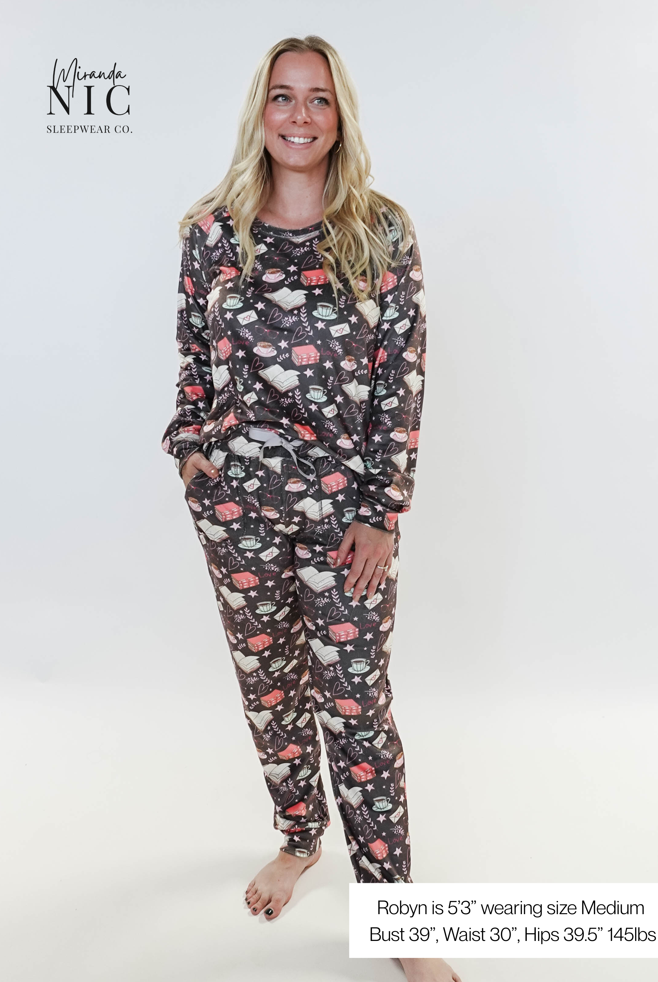 Model wearing Book Club Café Long Sleeve Jogger Velour Lounge Set by MIRANDA NIC in a cozy setting.