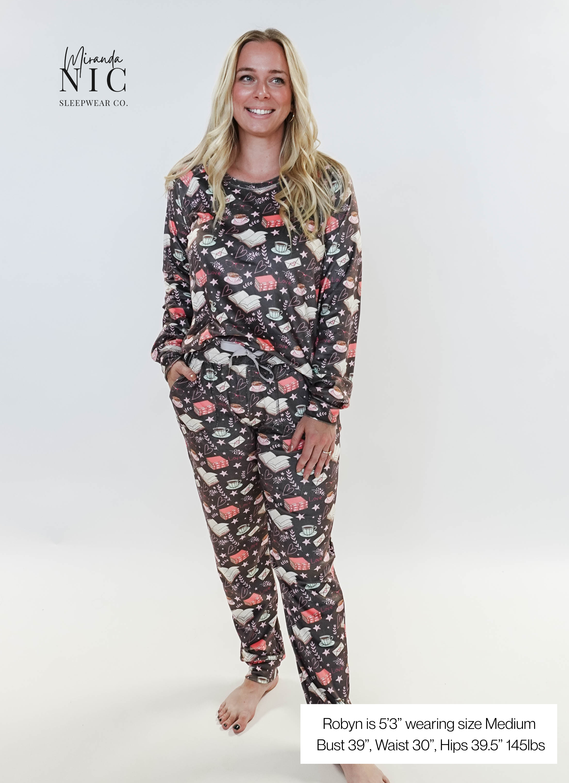 Model wearing Book Club Café Long Sleeve Jogger Velour Lounge Set by MIRANDA NIC in a cozy setting.