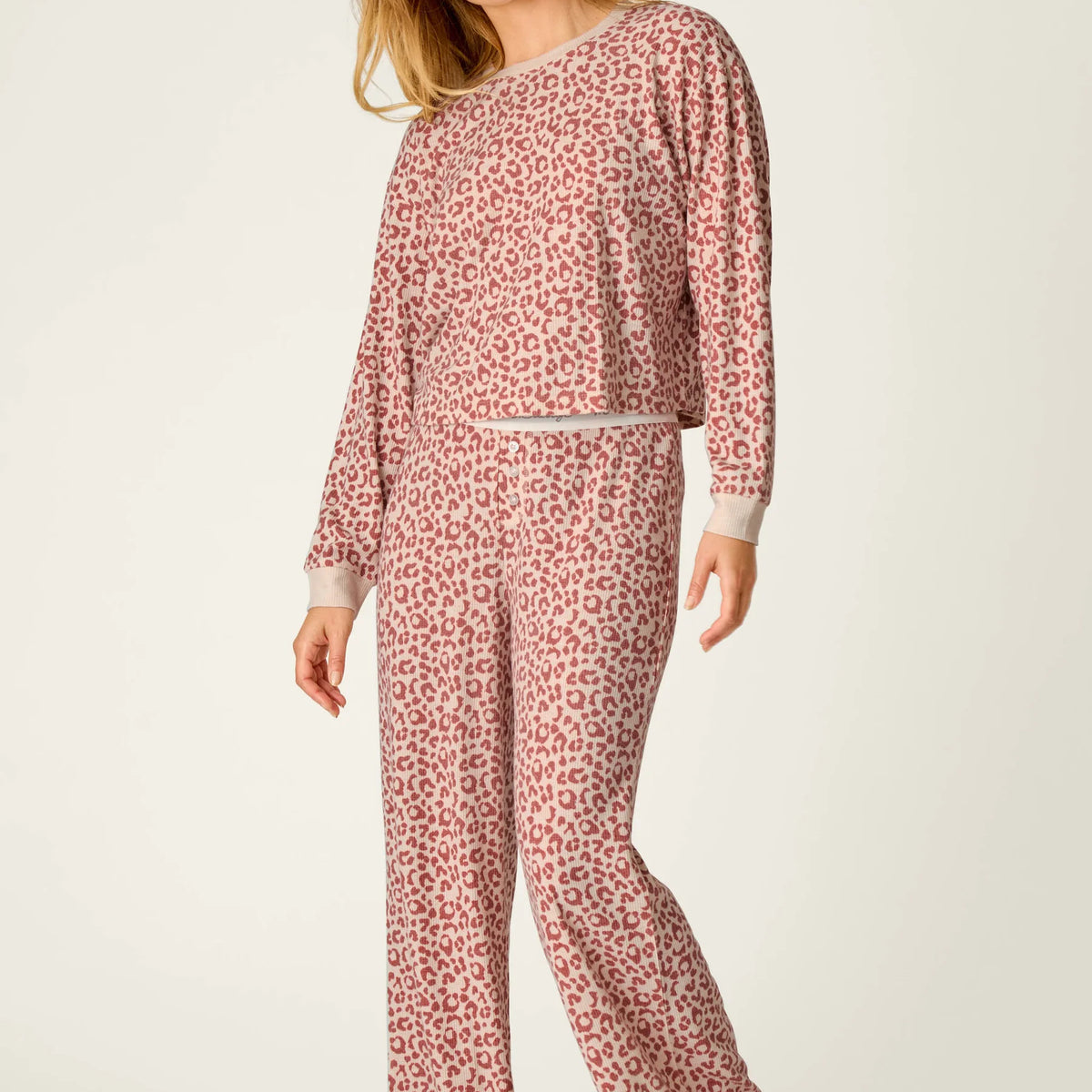 PJ Salvage Boyfriend Boxer Leopard Print PJ Set Dark Wine ivory front view on model — Cloud Nine Pajamas Edmonton