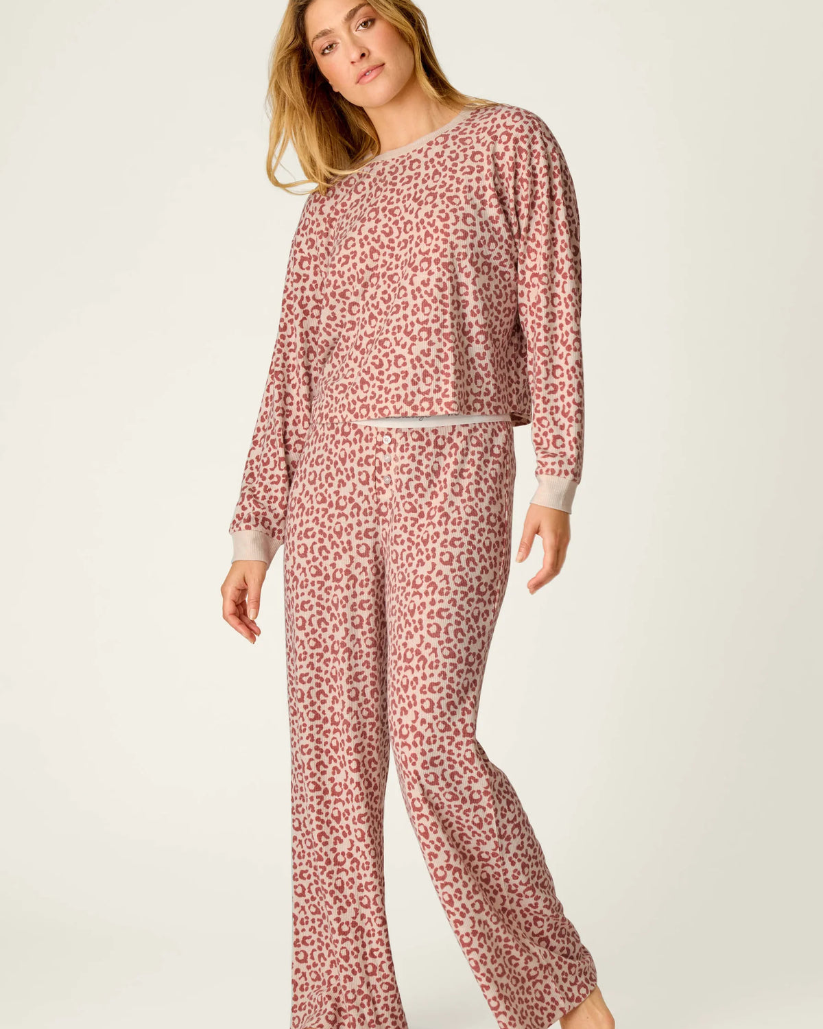 PJ Salvage Boyfriend Boxer Leopard Print PJ Set Dark Wine ivory front view on model — Cloud Nine Pajamas Edmonton