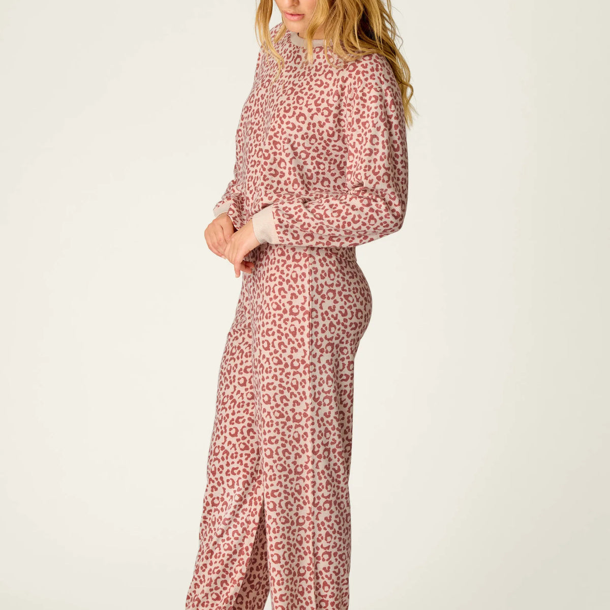 PJ Salvage Boyfriend Boxer Leopard PJ Set model side view — Cloud Nine Pajamas Edmonton