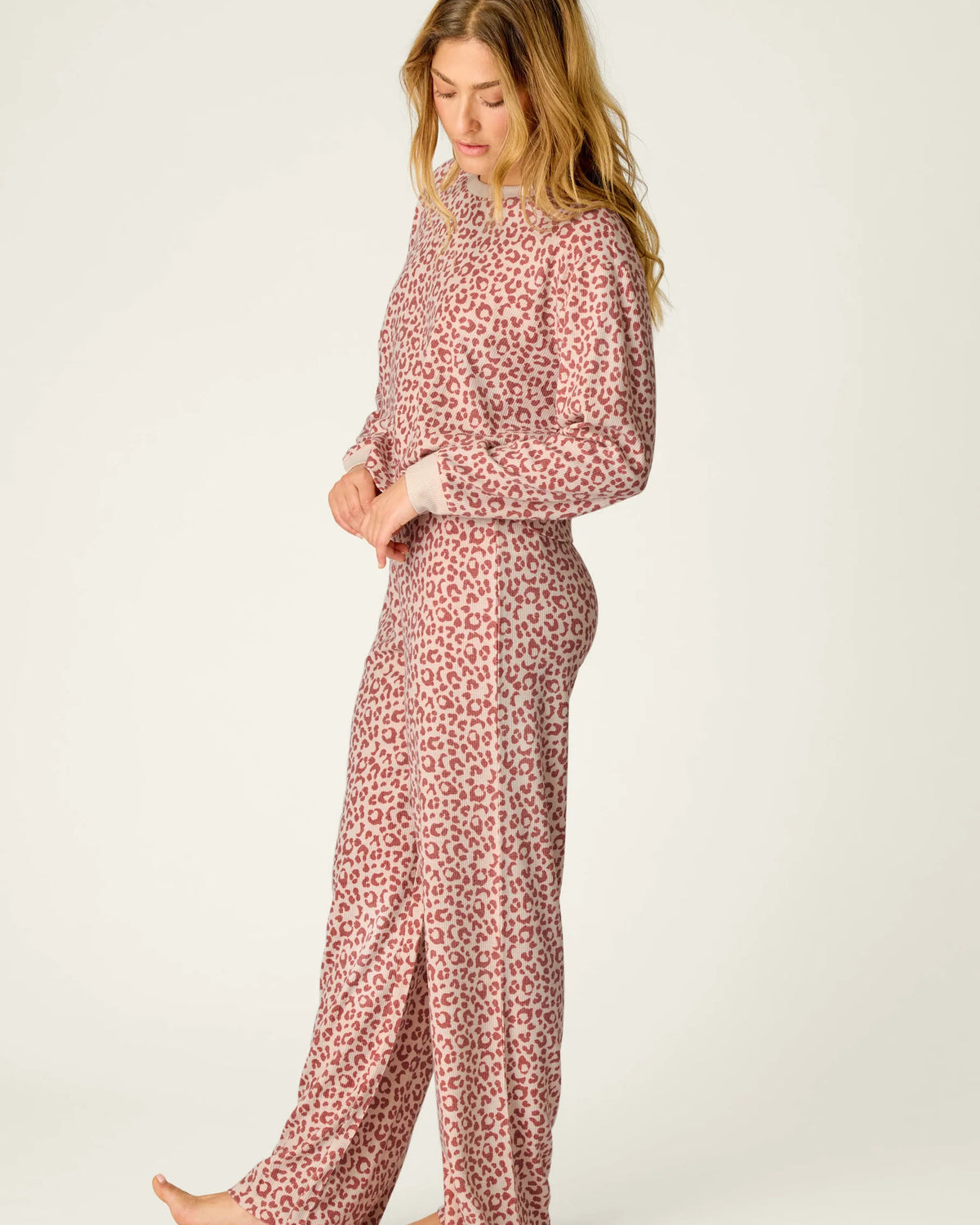 PJ Salvage Boyfriend Boxer Leopard PJ Set model side view — Cloud Nine Pajamas Edmonton