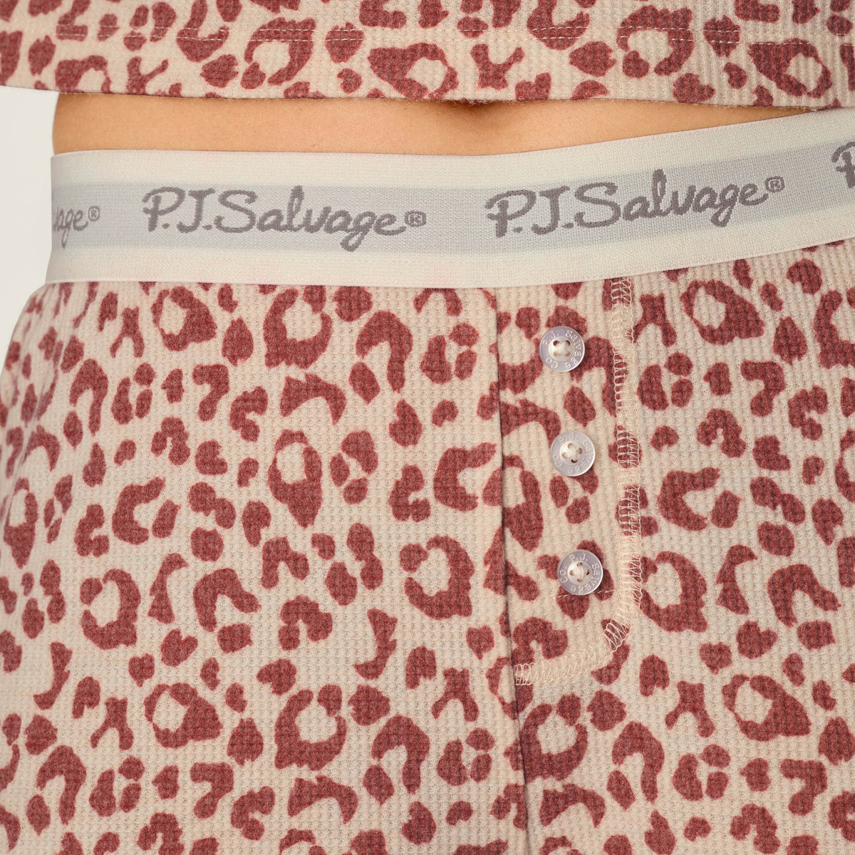 PJ Salvage Boyfriend Boxer Leopard Set logo elastic waistband button detail — Cloud Nine Pajamas