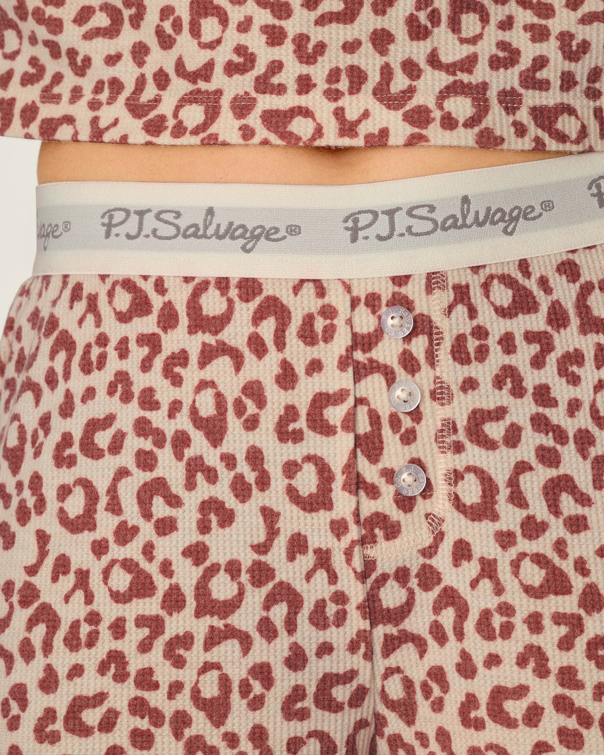 PJ Salvage Boyfriend Boxer Leopard Set logo elastic waistband button detail — Cloud Nine Pajamas