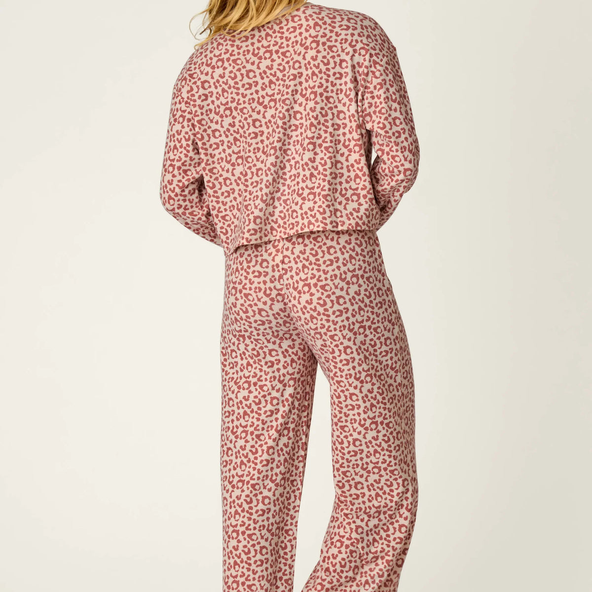 PJ Salvage Boyfriend Boxer Leopard PJ Set model back view — Cloud Nine Pajamas Edmonton