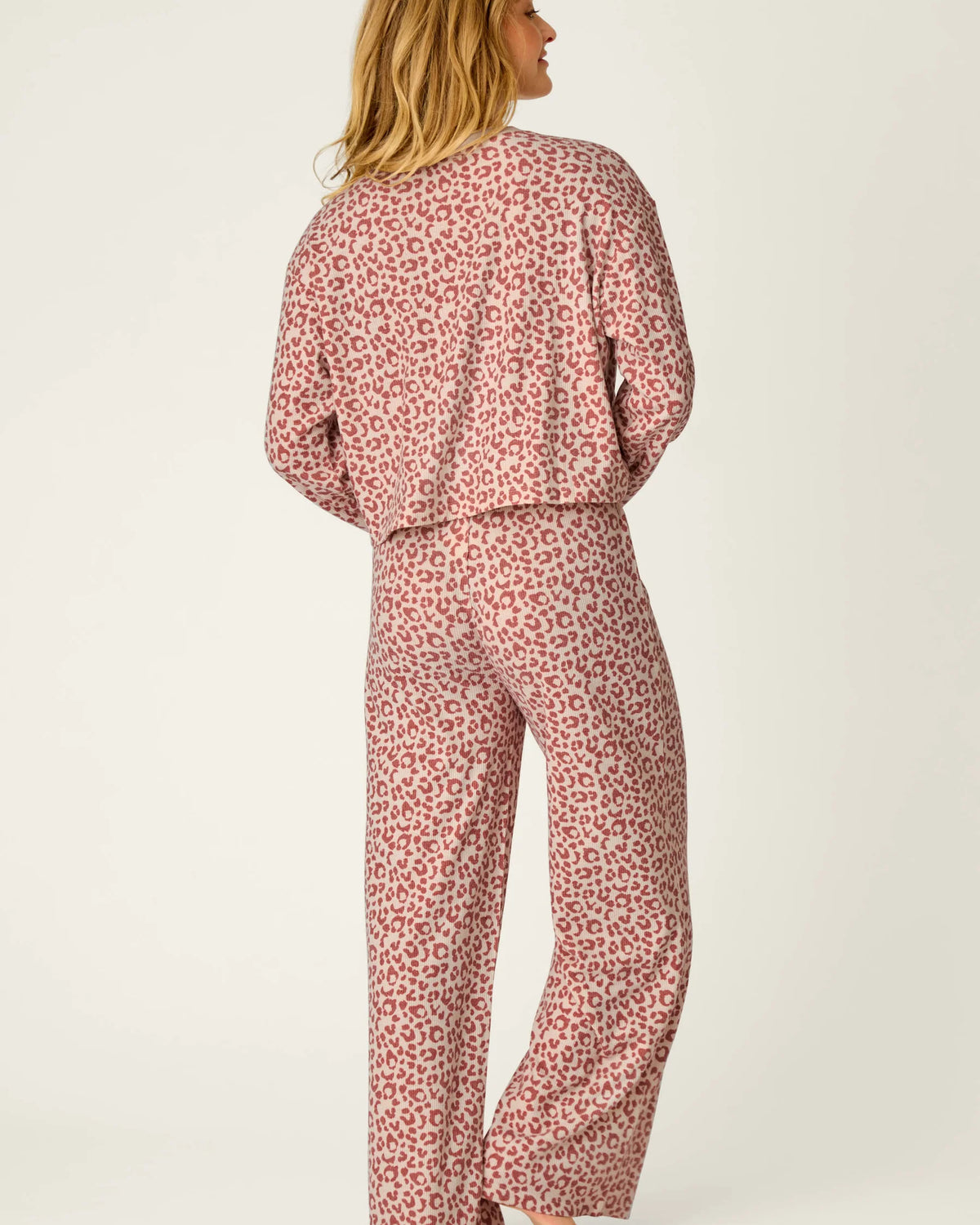 PJ Salvage Boyfriend Boxer Leopard PJ Set model back view — Cloud Nine Pajamas Edmonton