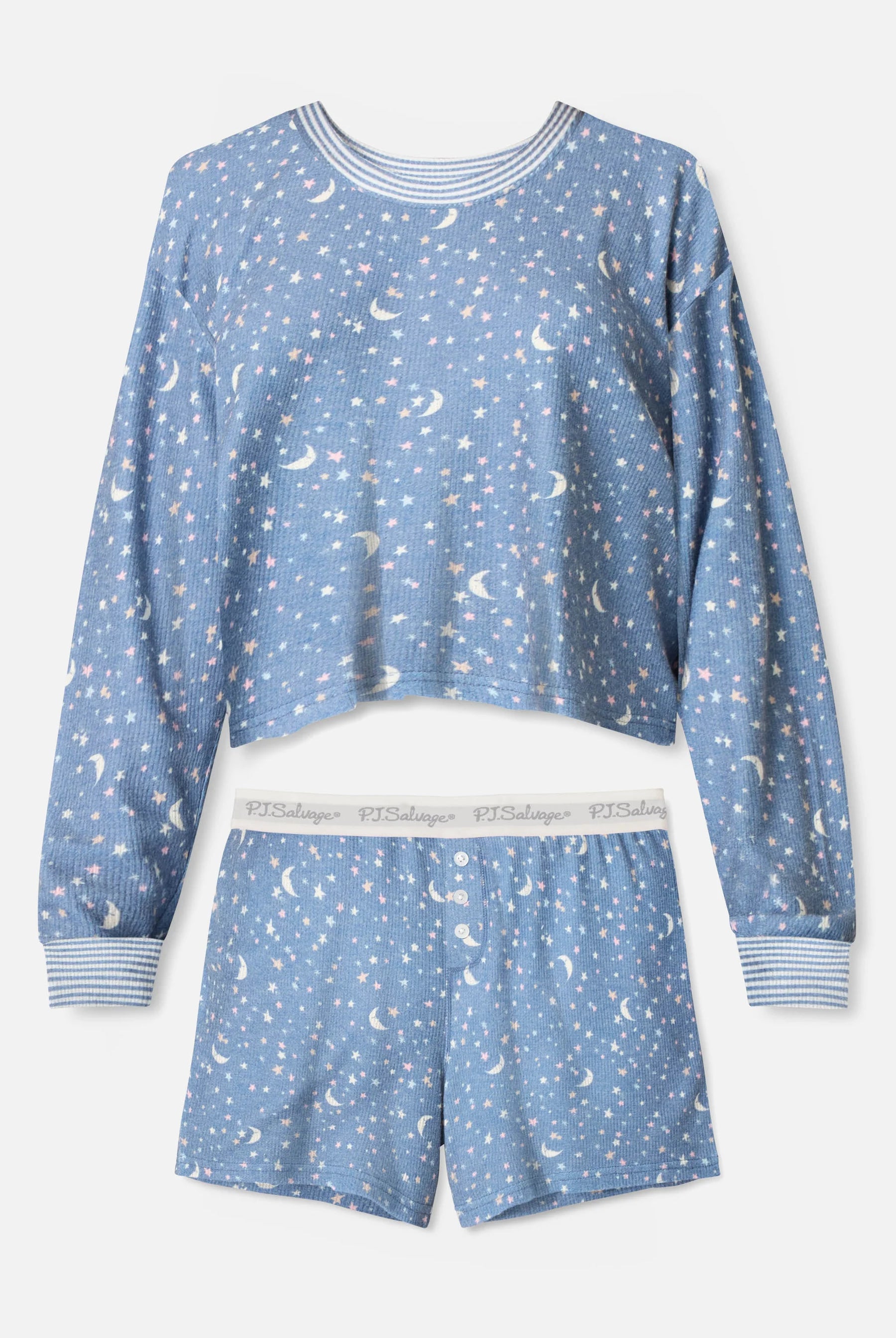 Boyfriend Boxer Moon & Stars PJ Short Set | Peachy Soft Waffle Knit | PJ Salvage women's relaxed pj set with shorts and boxer style shorts with pj salvage printed waistband