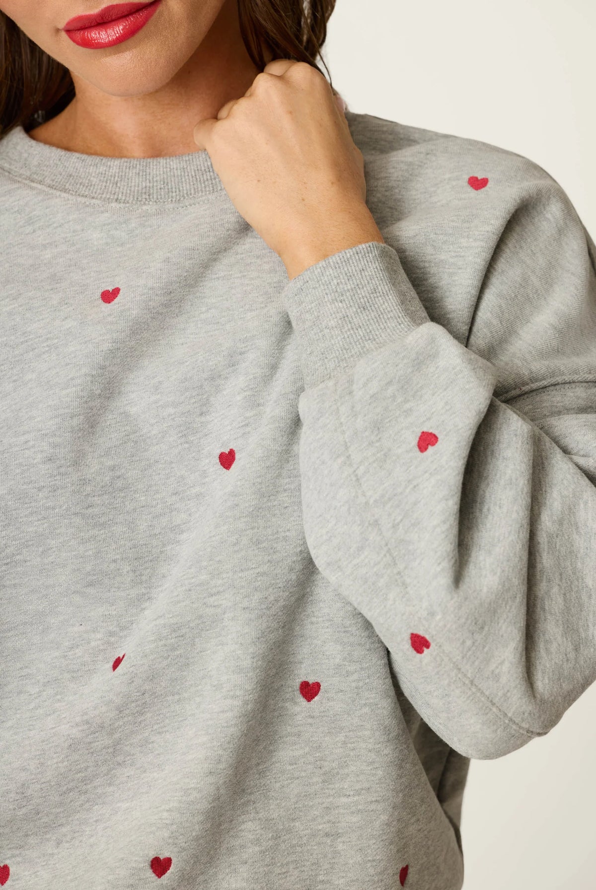 PJ Salvage C'est La Vie Hearts sweatshirt front view model — Cloud Nine Pajamas