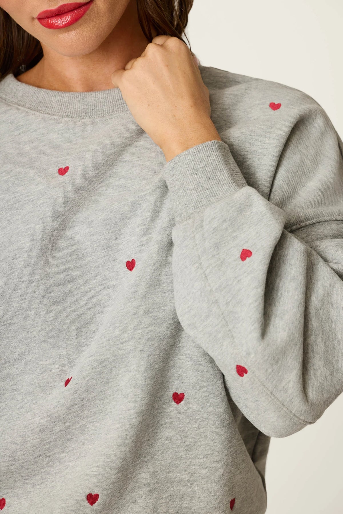 PJ Salvage C'est La Vie Hearts sweatshirt front view model — Cloud Nine Pajamas