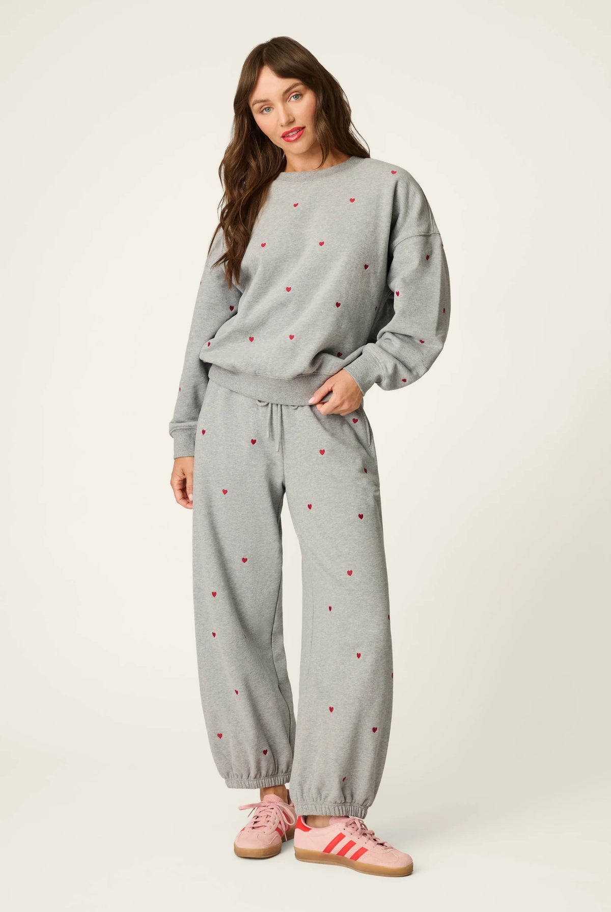 PJ Salvage C'est La Vie Hearts sweatshirt front view model — Cloud Nine Pajamas