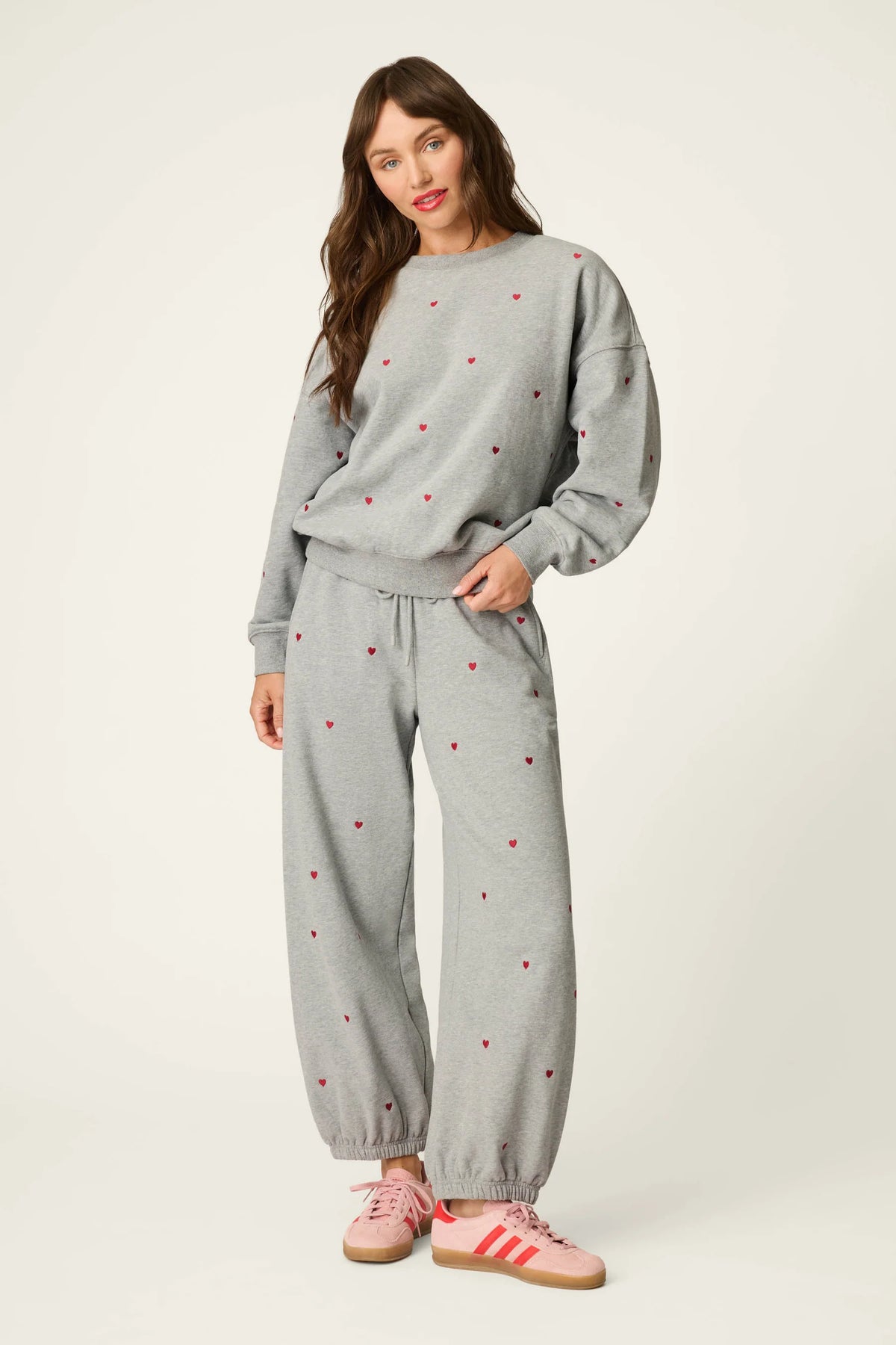 PJ Salvage C'est La Vie Hearts sweatshirt front view model — Cloud Nine Pajamas
