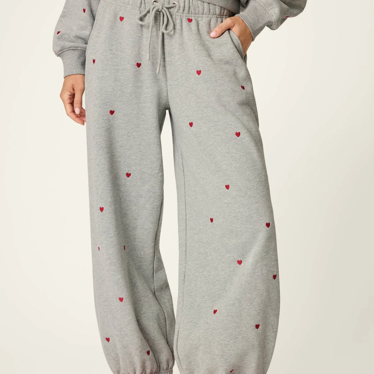 PJ Salvage C'est La Vie Hearts sweatpants front view on model — Cloud Nine Pajamas Edmonton