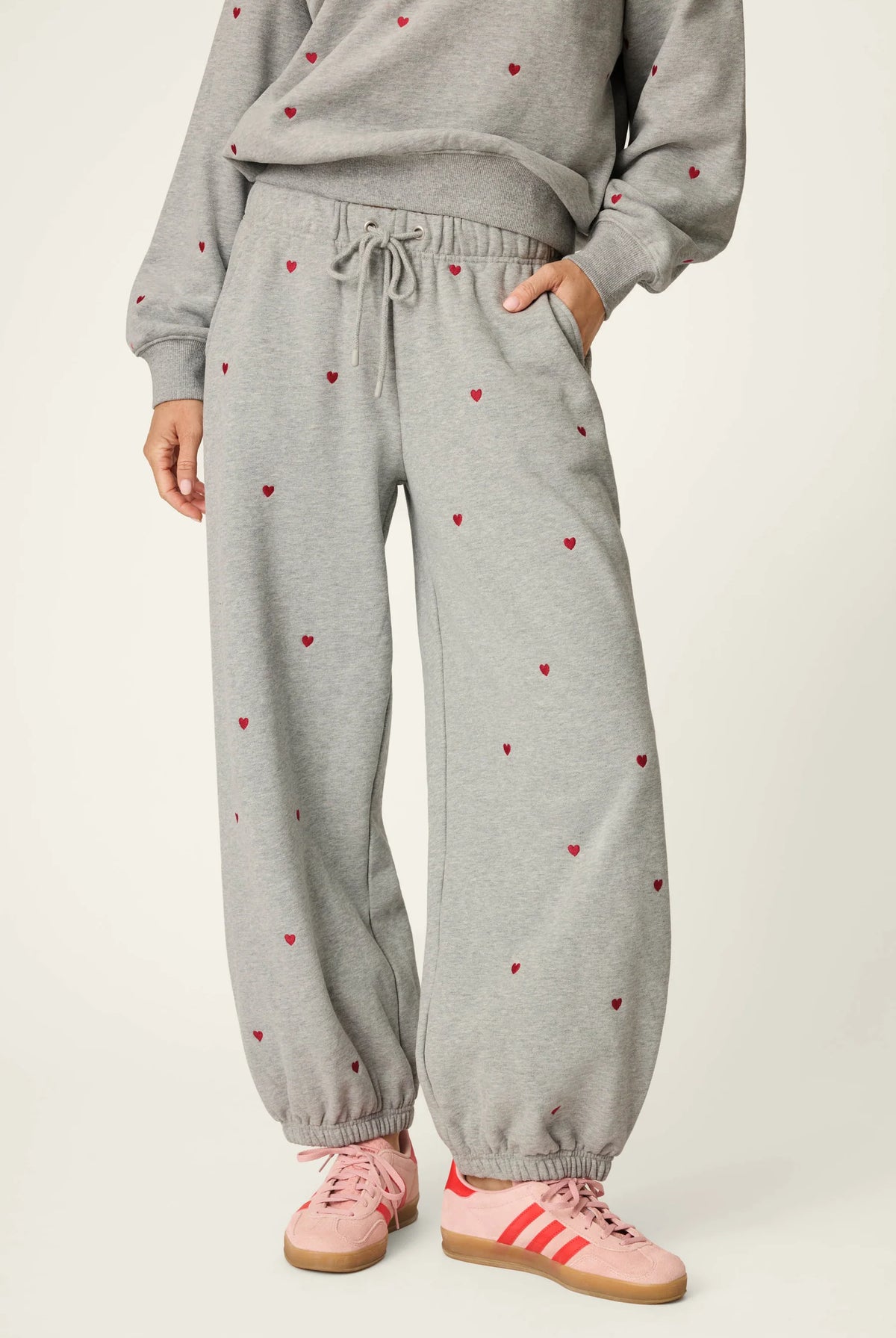 PJ Salvage C'est La Vie Hearts sweatpants front view on model — Cloud Nine Pajamas Edmonton