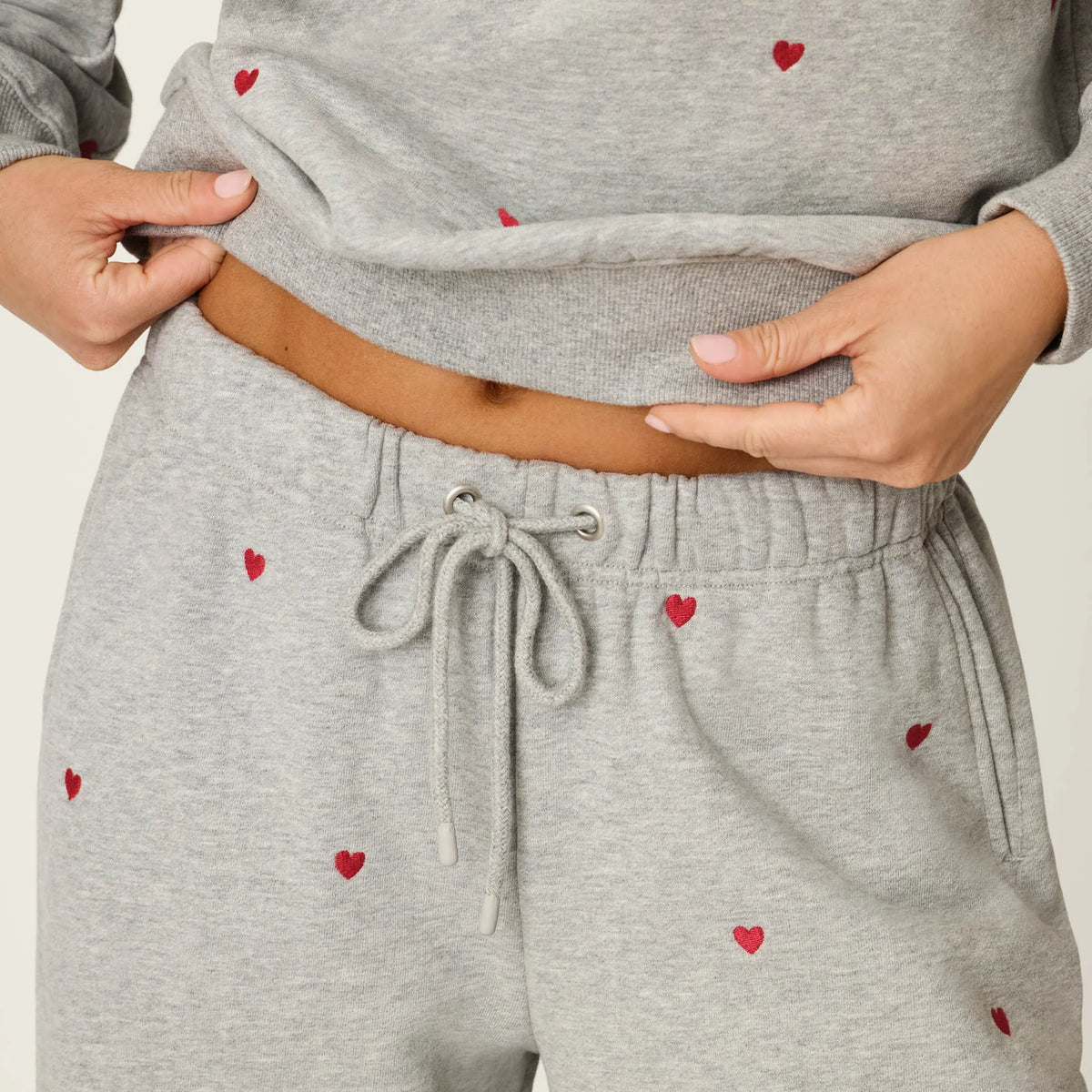 PJ Salvage C'est La Vie Hearts sweatpants model detail — Cloud Nine Pajamas
