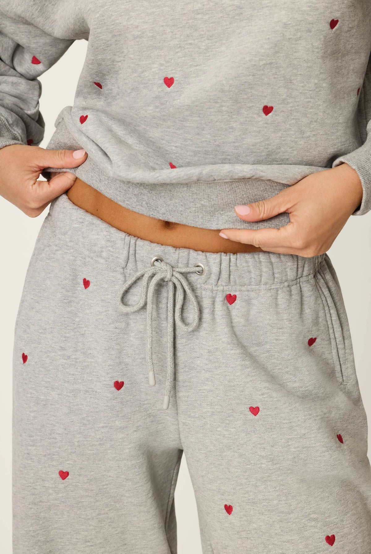 PJ Salvage C'est La Vie Hearts sweatpants model detail — Cloud Nine Pajamas