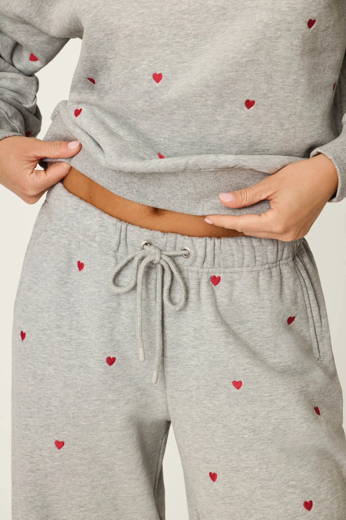 PJ Salvage C'est La Vie Hearts sweatpants model detail — Cloud Nine Pajamas
