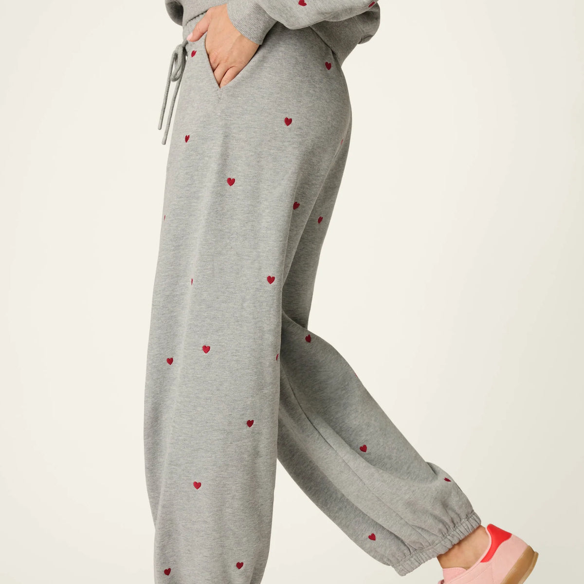 PJ Salvage C'est La Vie Hearts sweatpants side view showing banded hem — Cloud Nine Pajamas