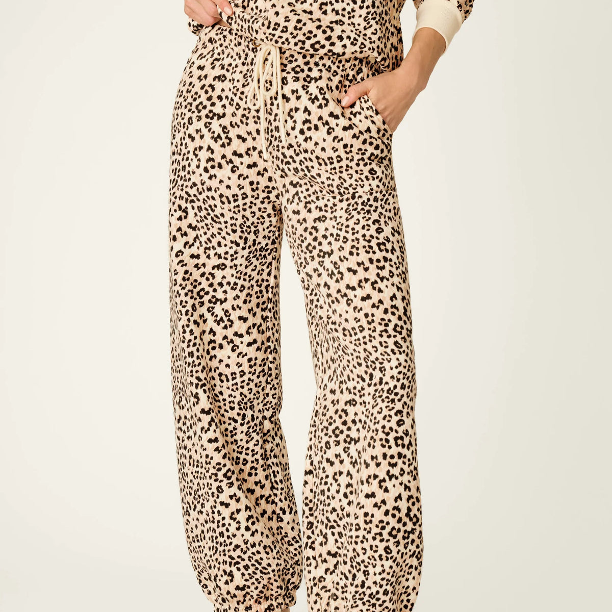 PJ Salvage C'est La Vie Leopard sweatpants model front view — Cloud Nine Pajamas Edmonton