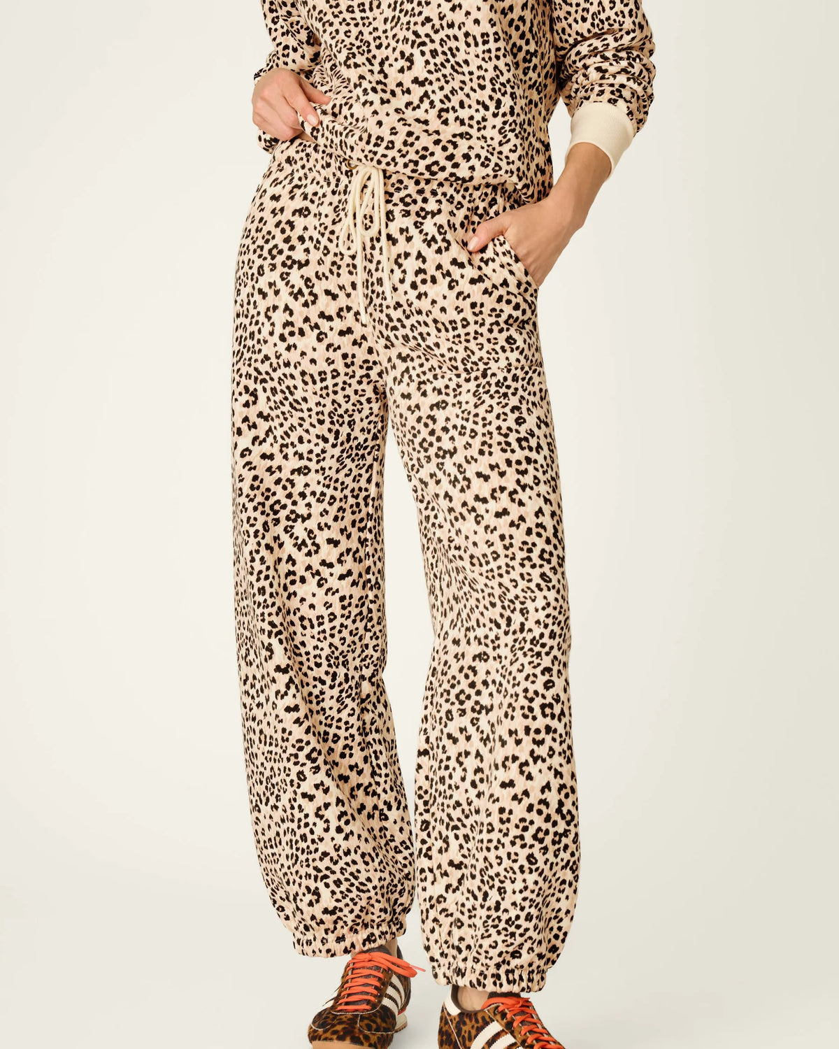 PJ Salvage C'est La Vie Leopard sweatpants model front view — Cloud Nine Pajamas Edmonton