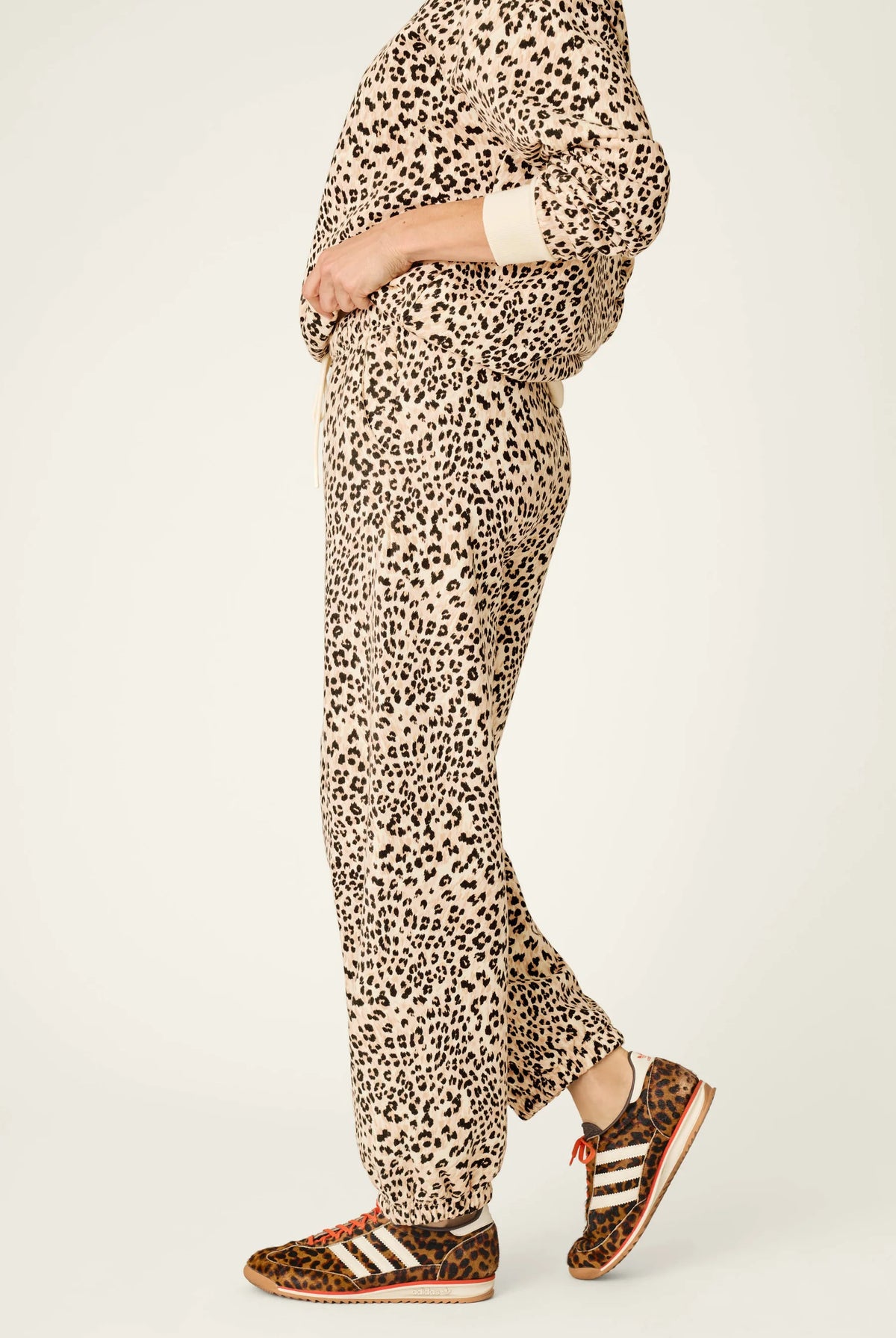 PJ Salvage C'est La Vie Leopard sweatpants model side view — Cloud Nine Pajamas Edmonton
