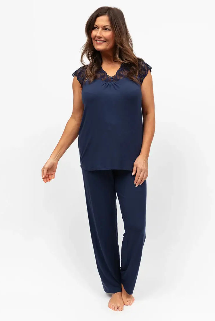 women's navy top and jogger pajama set with lace detail nora rose by cyberjammies