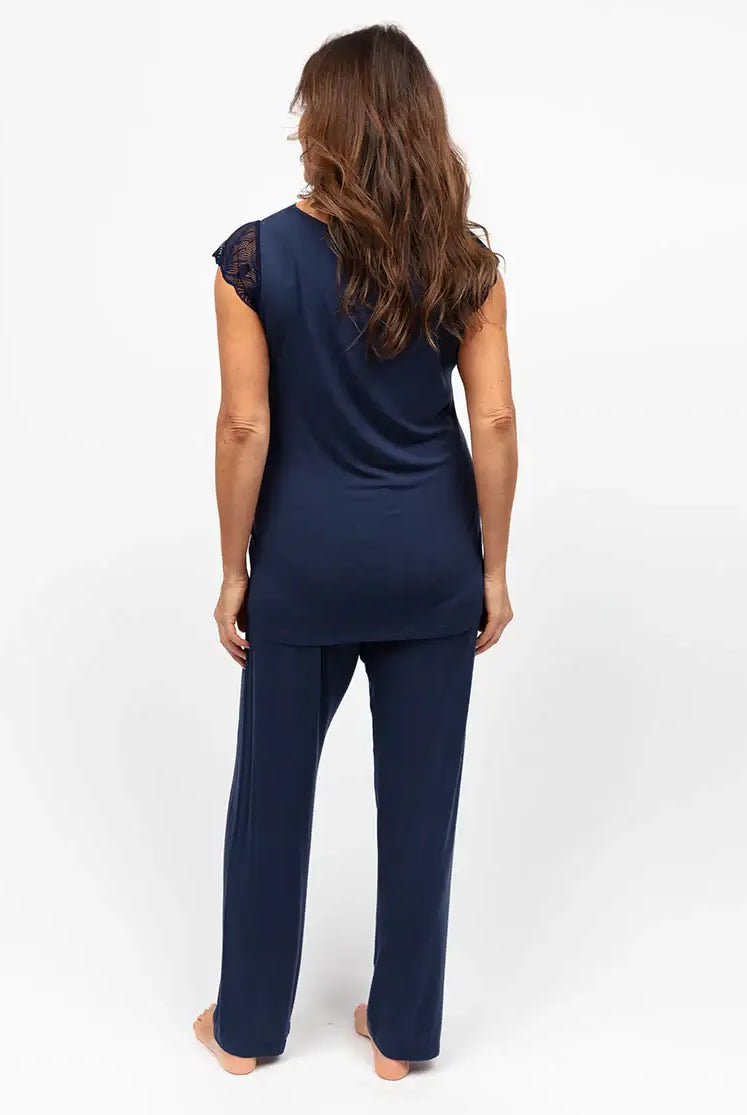 women's navy top and jogger pajama set with lace detail nora rose by cyberjammies