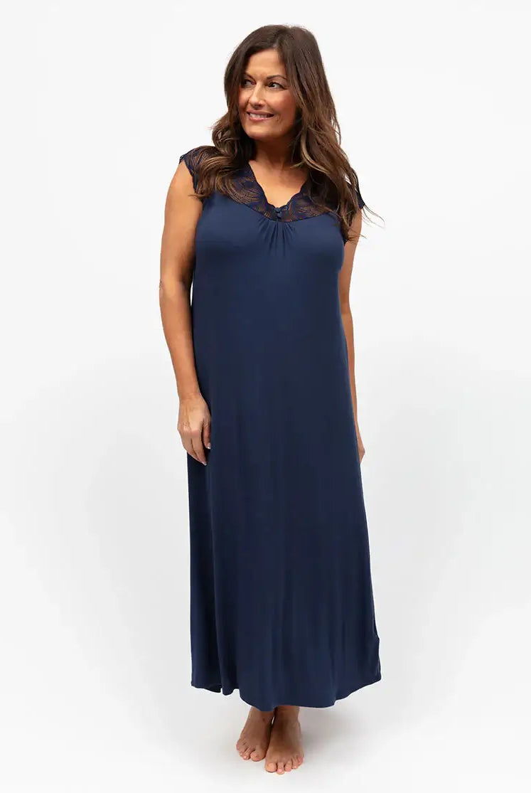 women's long navy nightdress nightgown with lace detail nora rose by cyberjammies