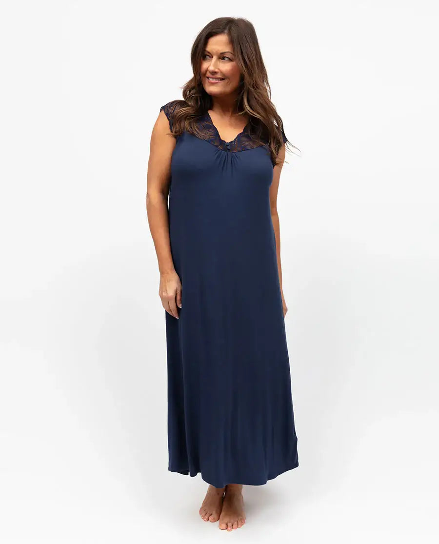 women's long navy nightdress nightgown with lace detail nora rose by cyberjammies