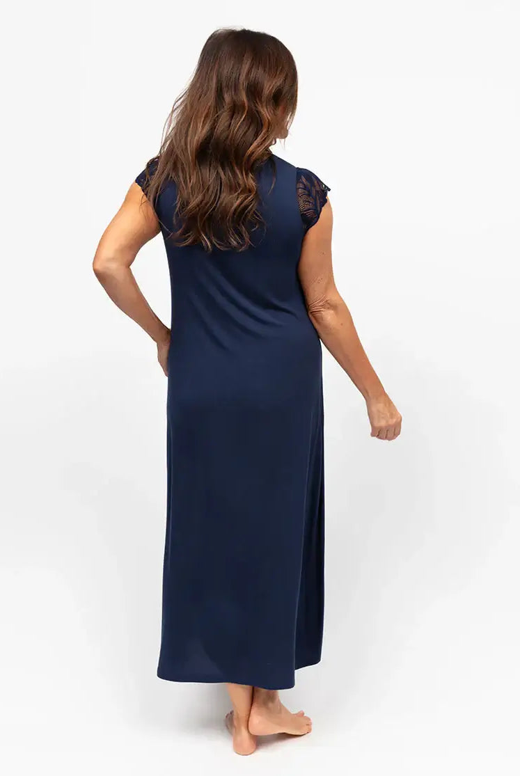 women's long navy nightdress nightgown with lace detail nora rose by cyberjammies