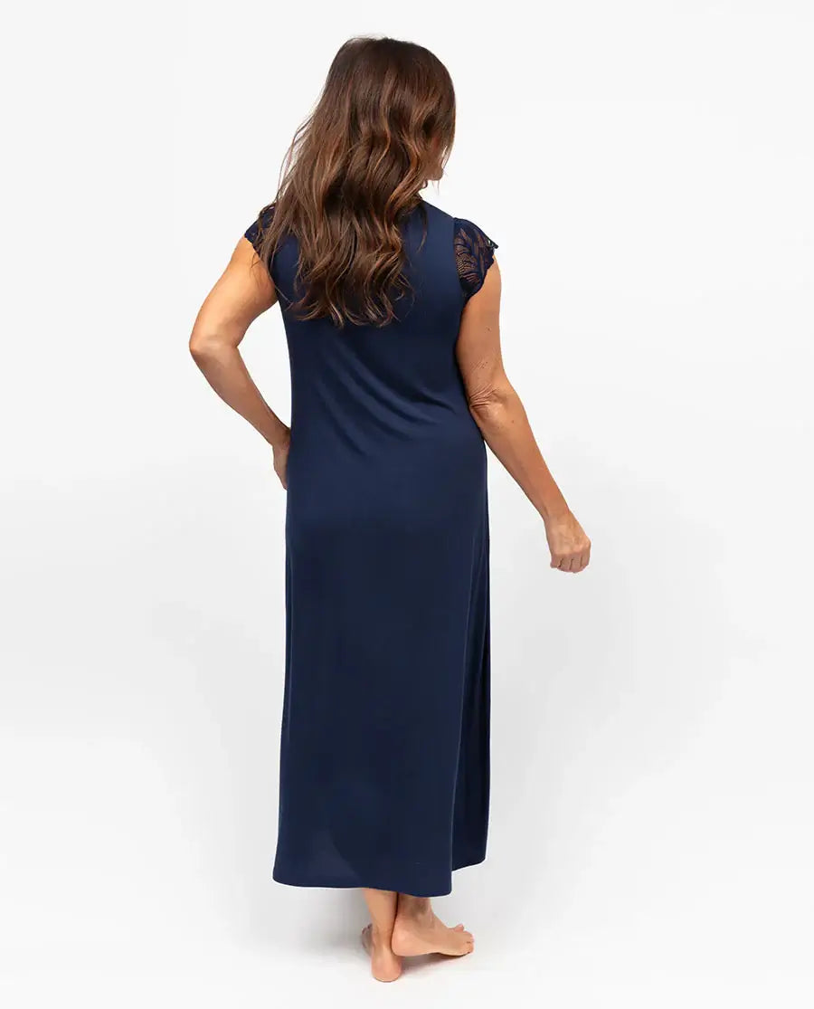 women's long navy nightdress nightgown with lace detail nora rose by cyberjammies