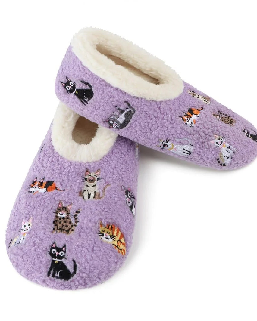 Snoozies Mini Embroidery Slipper Socks Mini Cats Purple embroidered cat motifs side view — Cloud Nine Pajamas Edmonton