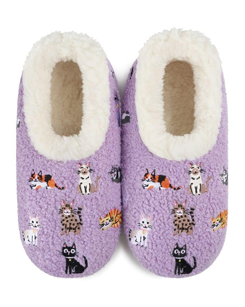 Snoozies Mini Embroidery Slipper Socks Mini Cats Purple embroidered cat motifs front view — Cloud Nine Pajamas Edmonton