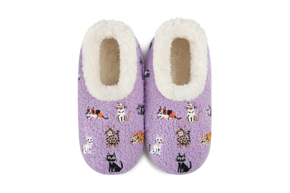 Snoozies Mini Embroidery Slipper Socks Mini Cats Purple embroidered cat motifs front view — Cloud Nine Pajamas Edmonton