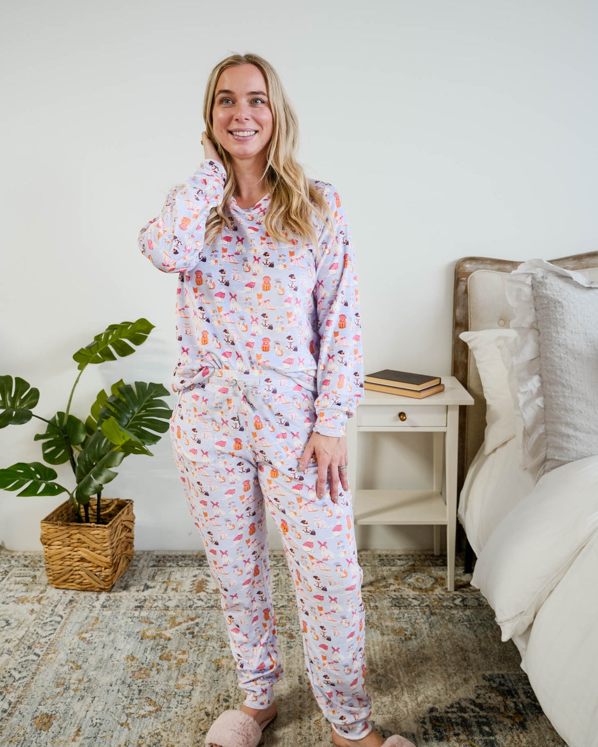 Miranda Nic Catwalk Kitties Purple Velour Jogger PJ Set full length front view — Cloud Nine Pajamas Edmonton