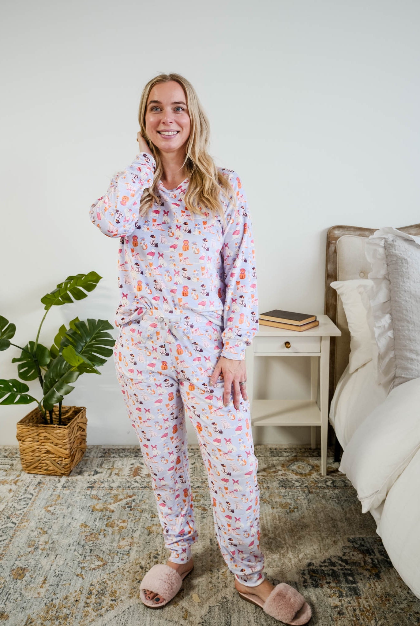 Full length Miranda Nic women's purple velour long sleeve top and jogger pants set featuring Catwalk Kitties cat print - Cloud Nine Pajamas
