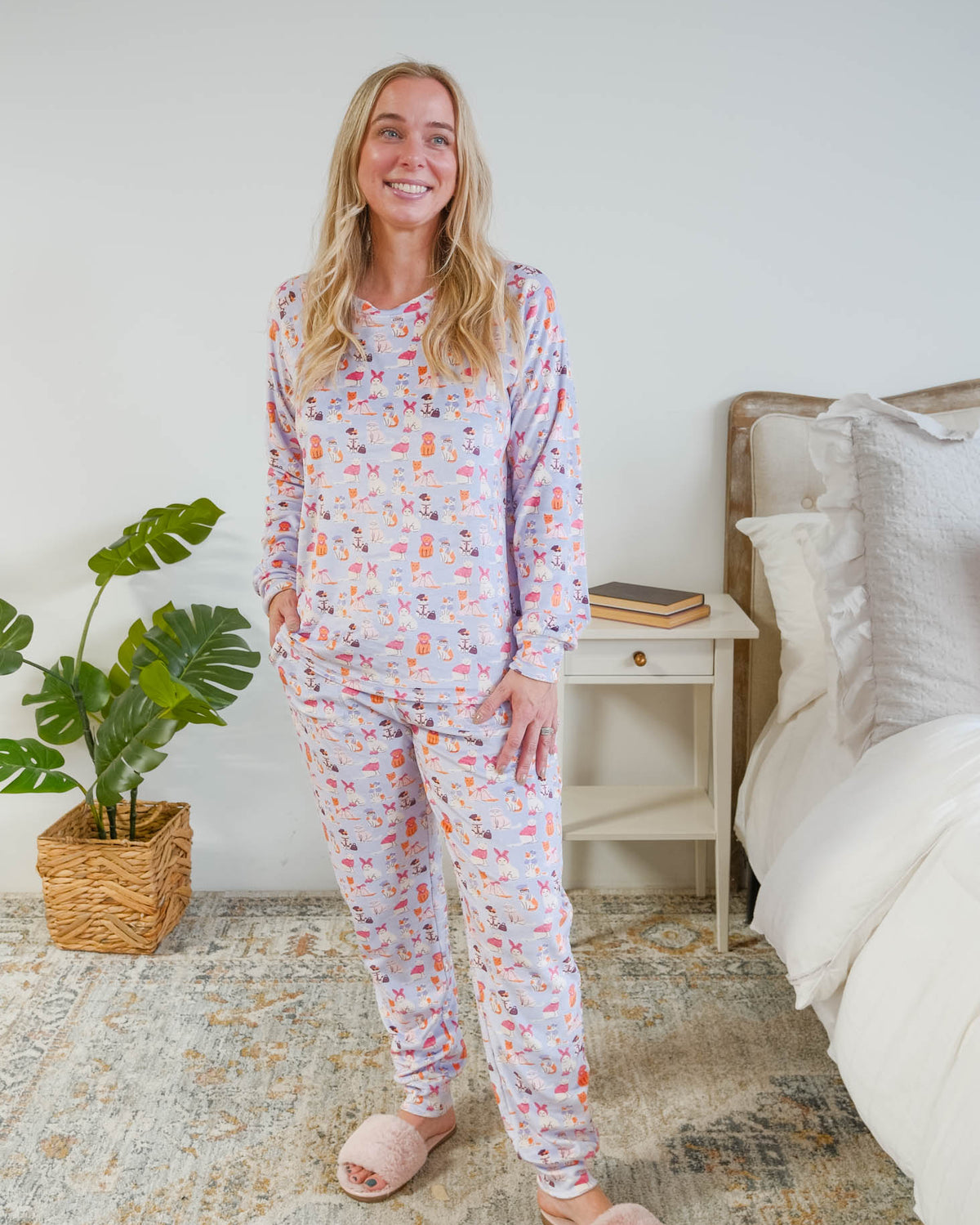 Miranda Nic Catwalk Kitties Purple Velour PJ Set top untucked view — Cloud Nine Pajamas Edmonton