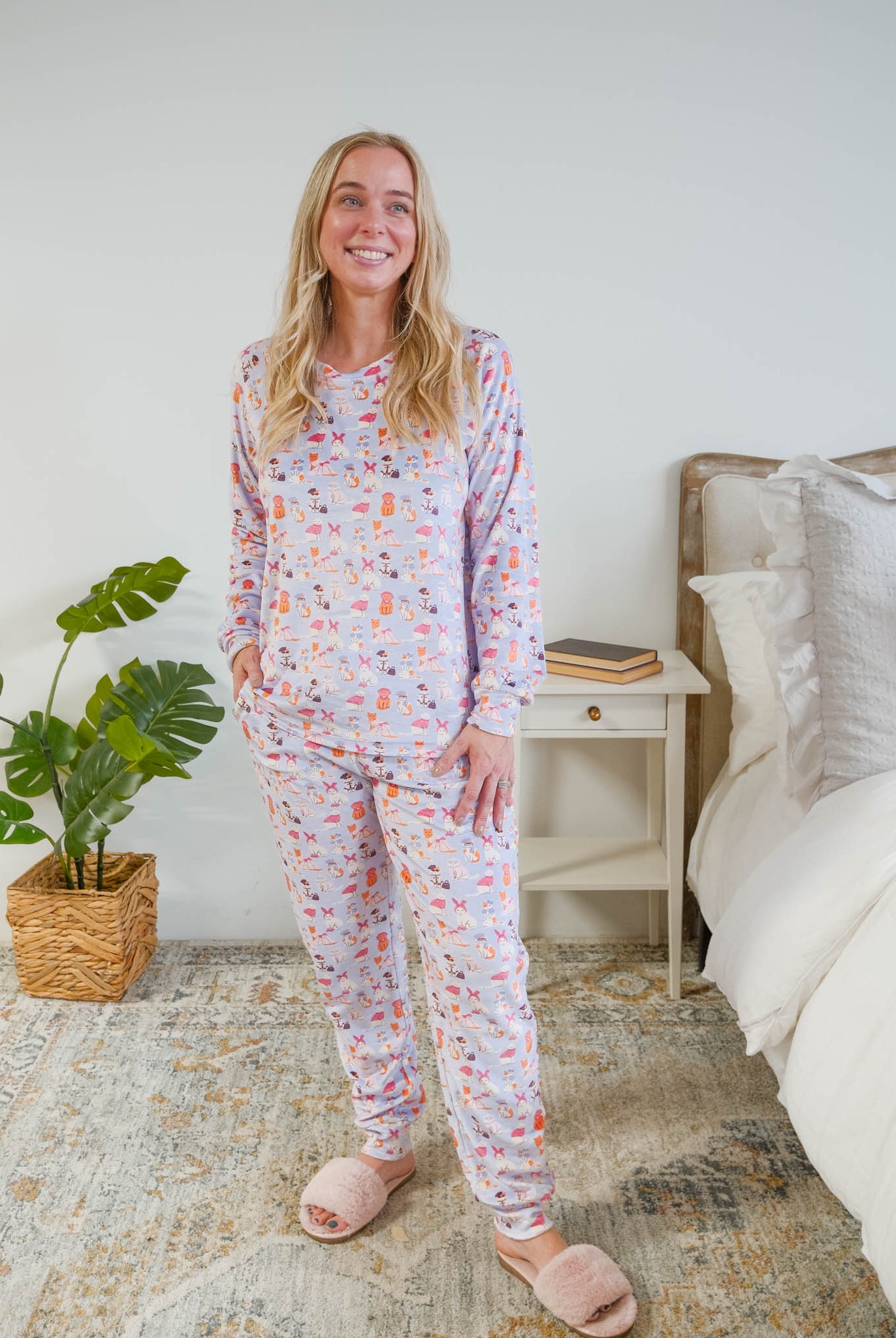 Untucked view of Miranda Nic women's purple velour long sleeve top and jogger pants set featuring Catwalk Kitties cat print - Cloud Nine Pajamas
