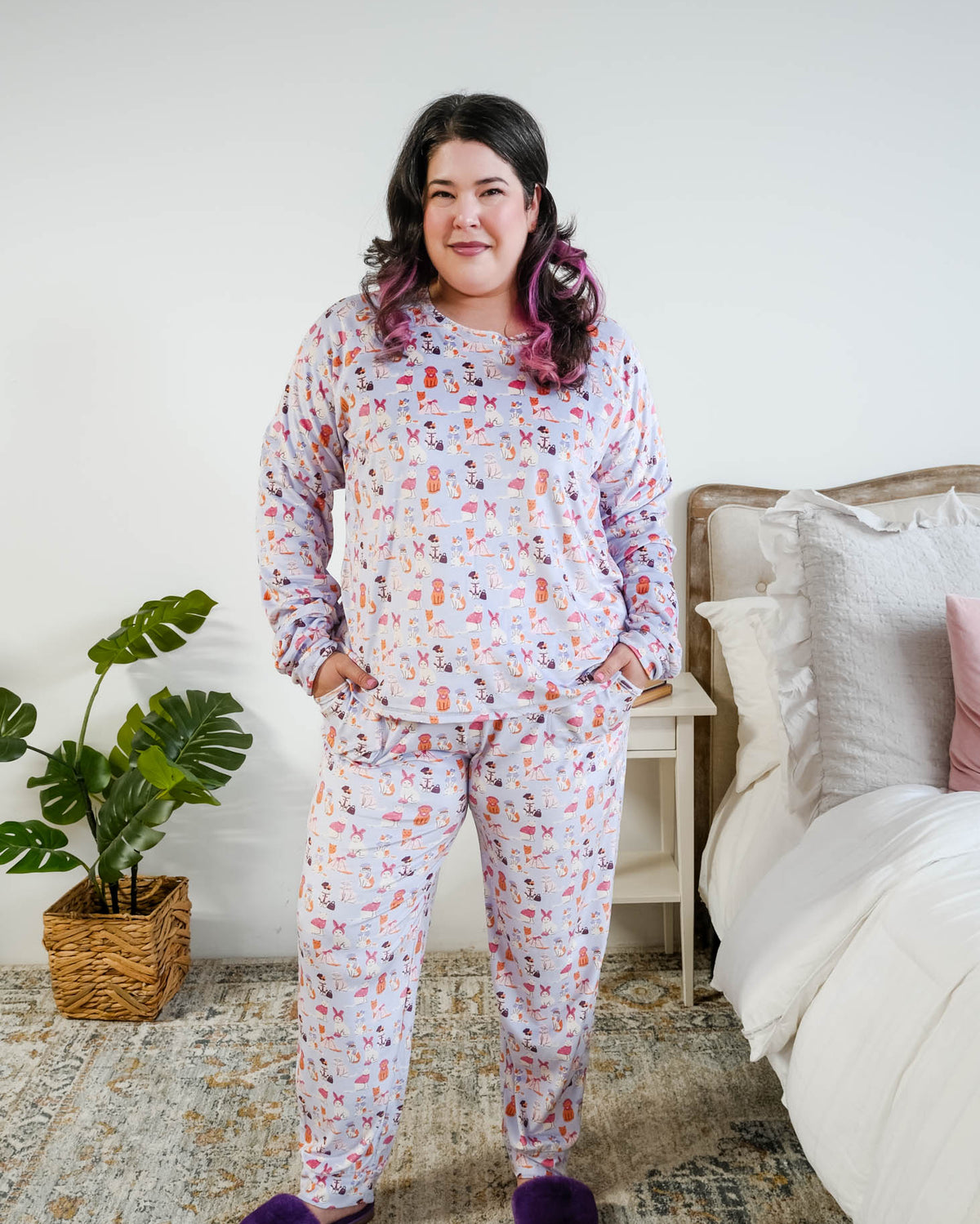 Miranda Nic Catwalk Kitties Purple Velour PJ Set plus size full length 3XL model — Cloud Nine Pajamas Edmonton