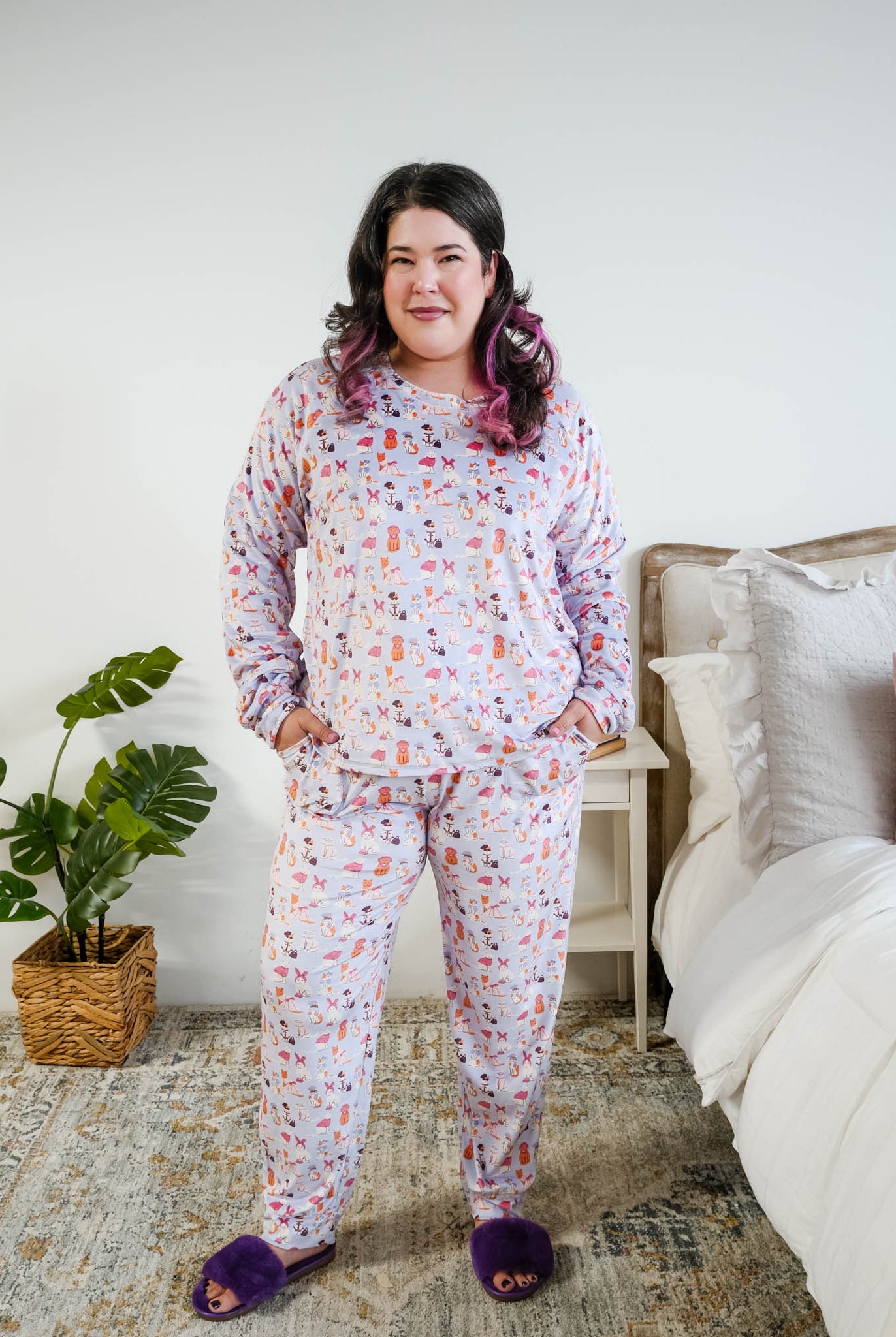 Full length view on Plus Size Model of the Miranda Nic women's purple velour long sleeve top and jogger pants set featuring Catwalk Kitties cat print - Cloud Nine Pajamas