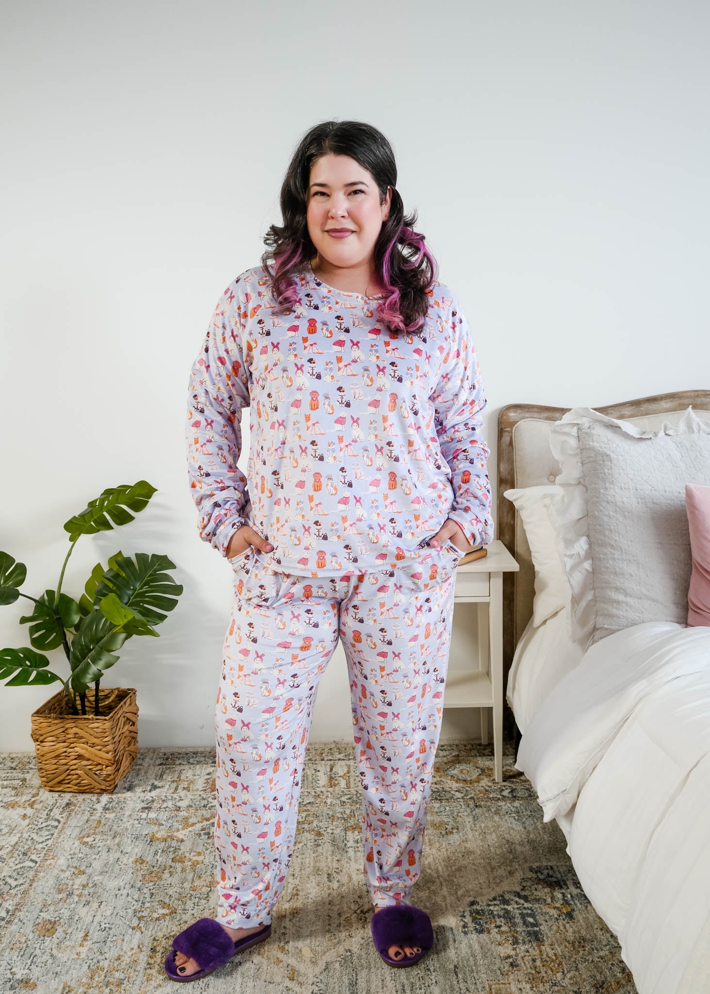 Full length view on Plus Size Model of the Miranda Nic women's purple velour long sleeve top and jogger pants set featuring Catwalk Kitties cat print - Cloud Nine Pajamas
