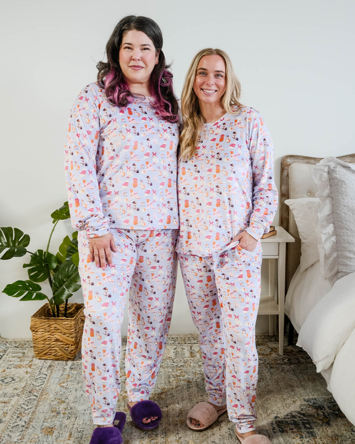Miranda Nic Catwalk Kitties Purple Velour PJ Set lifestyle front view — Cloud Nine Pajamas Edmonton