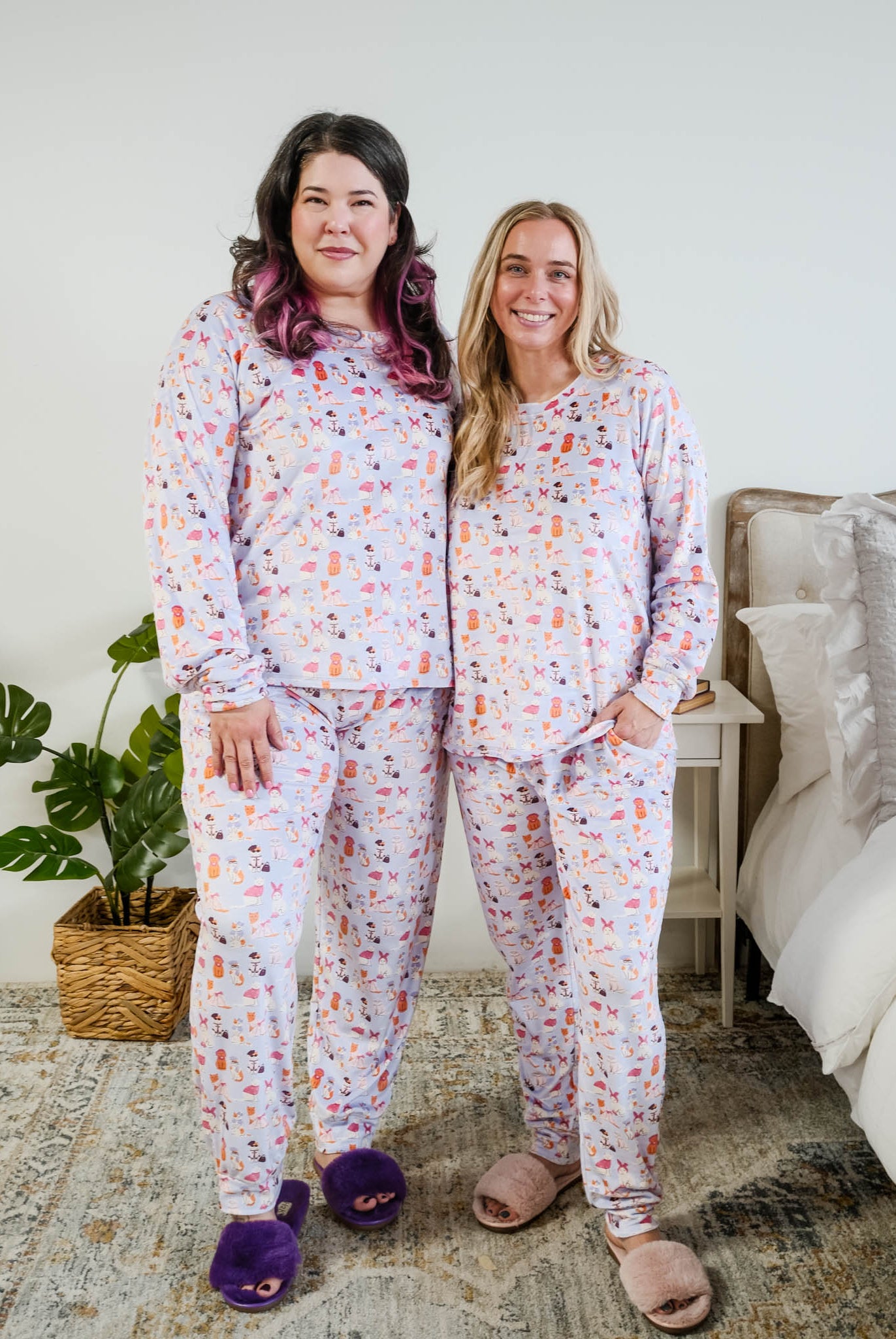 Miranda Nic women's purple velour long sleeve top and jogger pants set featuring Catwalk Kitties cat print - Cloud Nine Pajamas