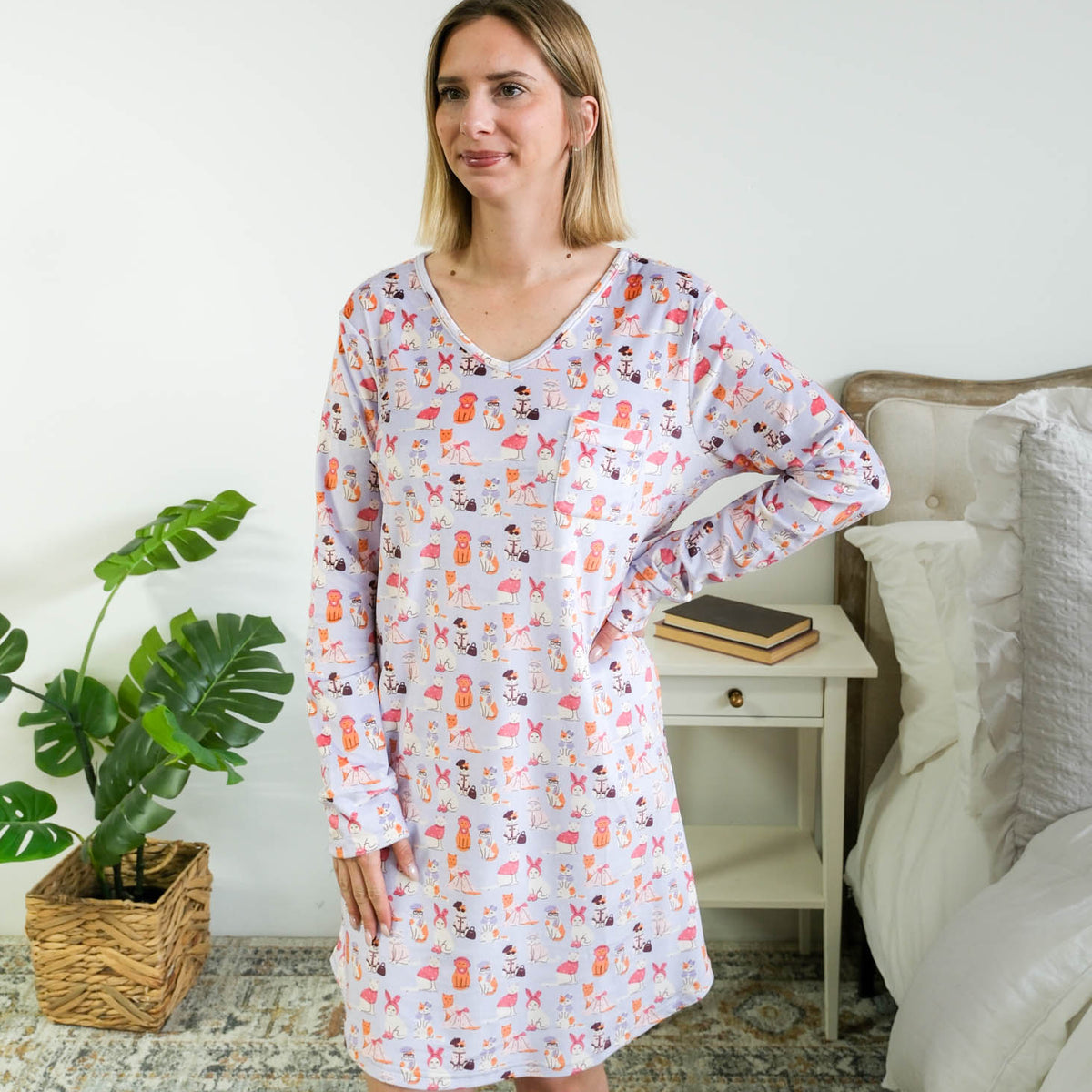 Front full length view of Miranda Nic women's purple velour long sleeve nightshirt sleep dress featuring Catwalk Kitties print - Cloud Nine Pajamas.
