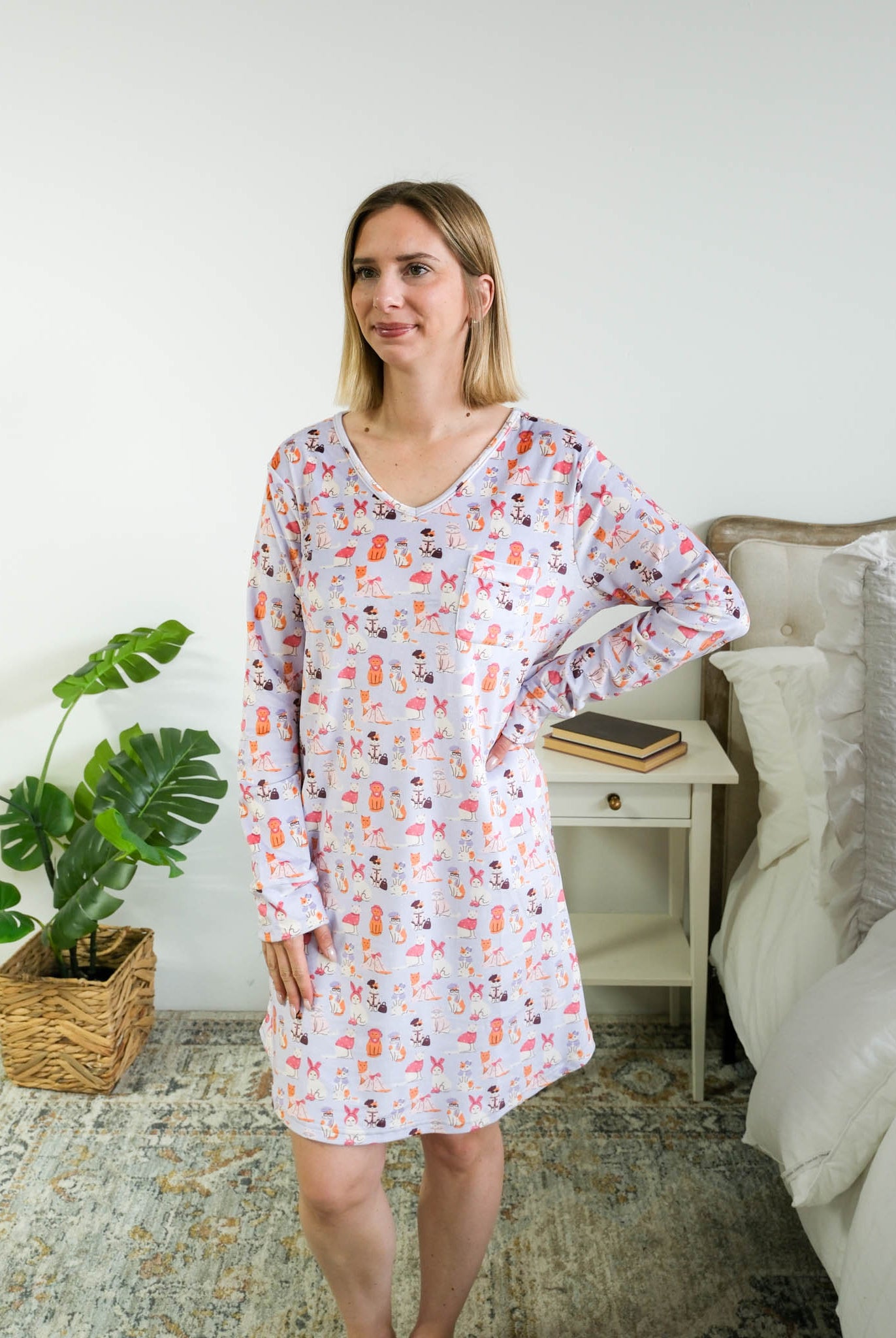 Front full length view of Miranda Nic women's purple velour long sleeve nightshirt sleep dress featuring Catwalk Kitties print - Cloud Nine Pajamas.