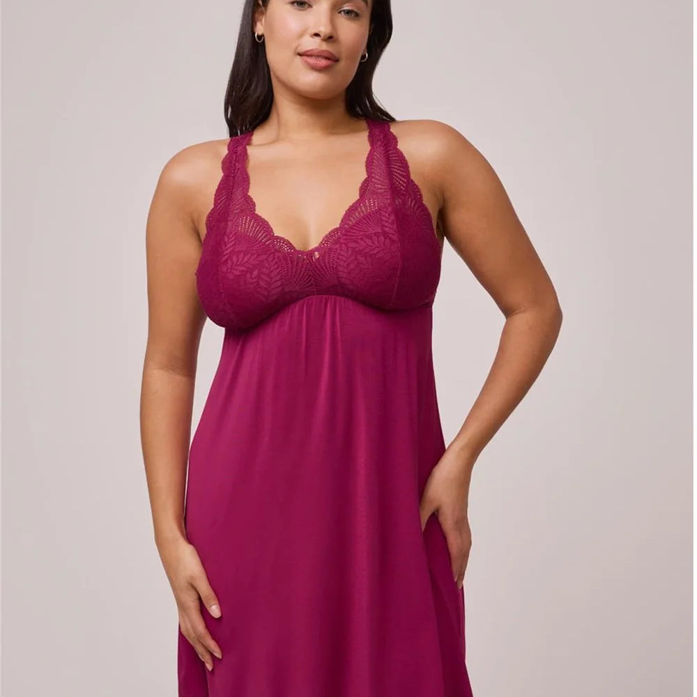 Fleur't Belle Epoque Full Bust Chemise Dark Cherry front view on model — Cloud Nine Pajamas Edmonton