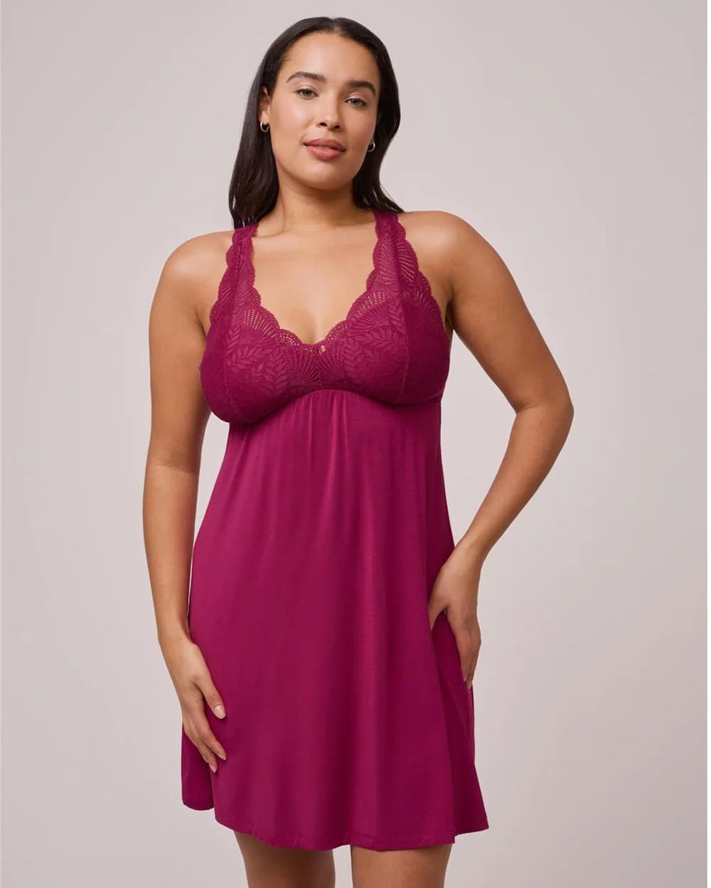 Fleur't Belle Epoque Full Bust Chemise Dark Cherry front view on model — Cloud Nine Pajamas Edmonton