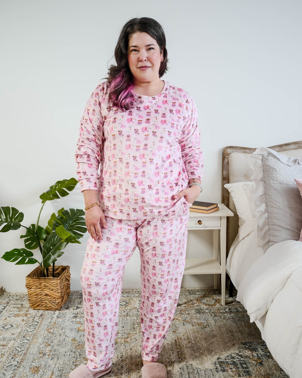 Miranda Nic Chic Puppies Pink Velour PJ Set plus size full length 3XL model — Cloud Nine Pajamas Edmonton