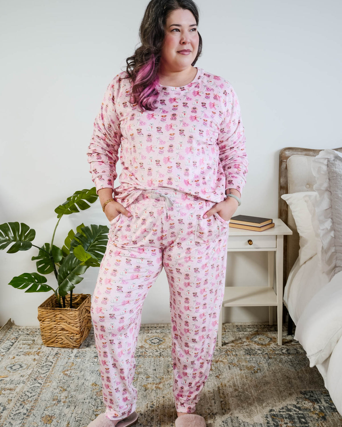 Miranda Nic Chic Puppies Pink Velour PJ Set plus size top tucked in 3XL model — Cloud Nine Pajamas Edmonton