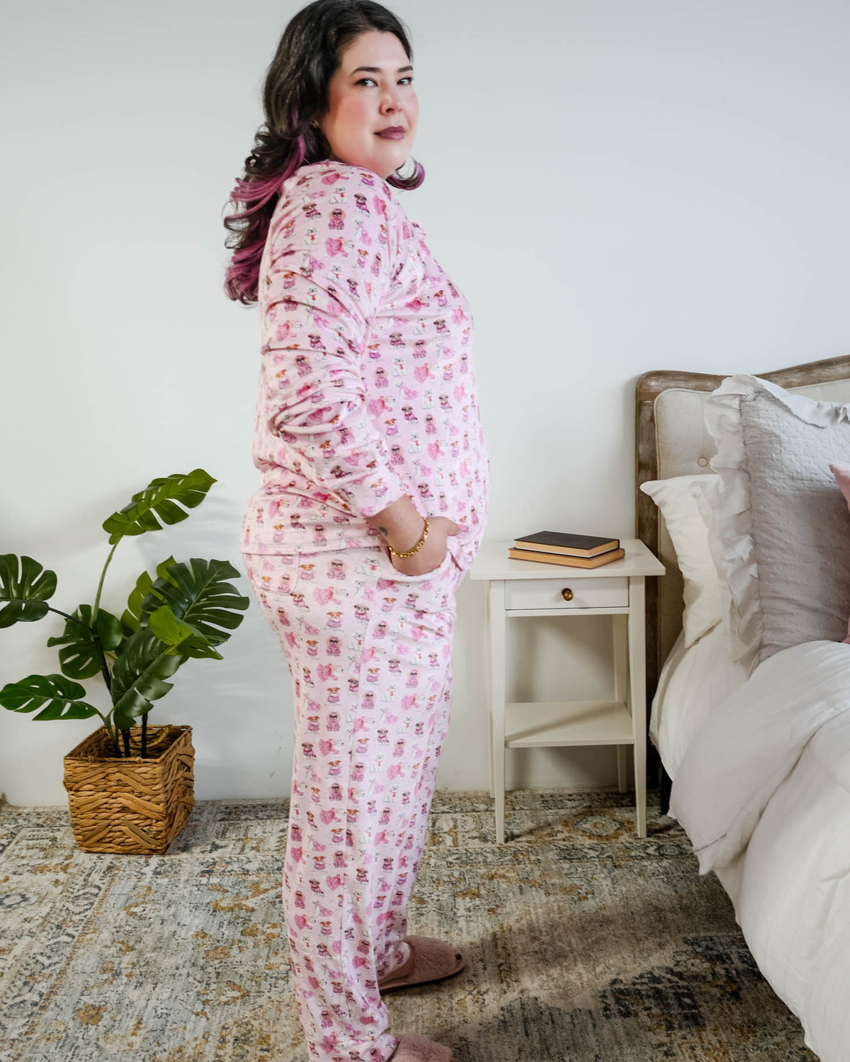 Miranda Nic Chic Puppies Pink Velour PJ Set plus size side profile 3XL model — Cloud Nine Pajamas Edmonton